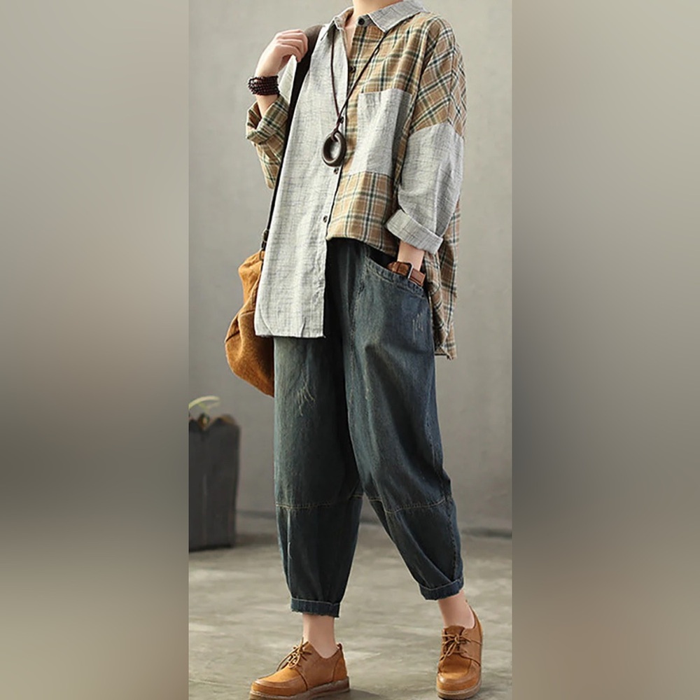 Plus Size Vintage Loose Elastic Waist Spliced Distressed Denim Jeans